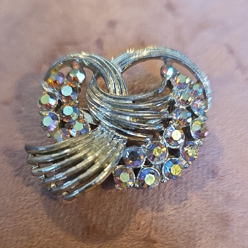 Vintage Signed Silver Brooch with Iridescent AB Accents